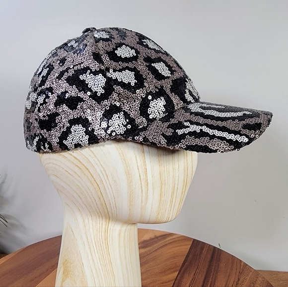 Sequin Leopard Pattern Animal Print Ball Cap Womens One Size - Picture 4 of 15